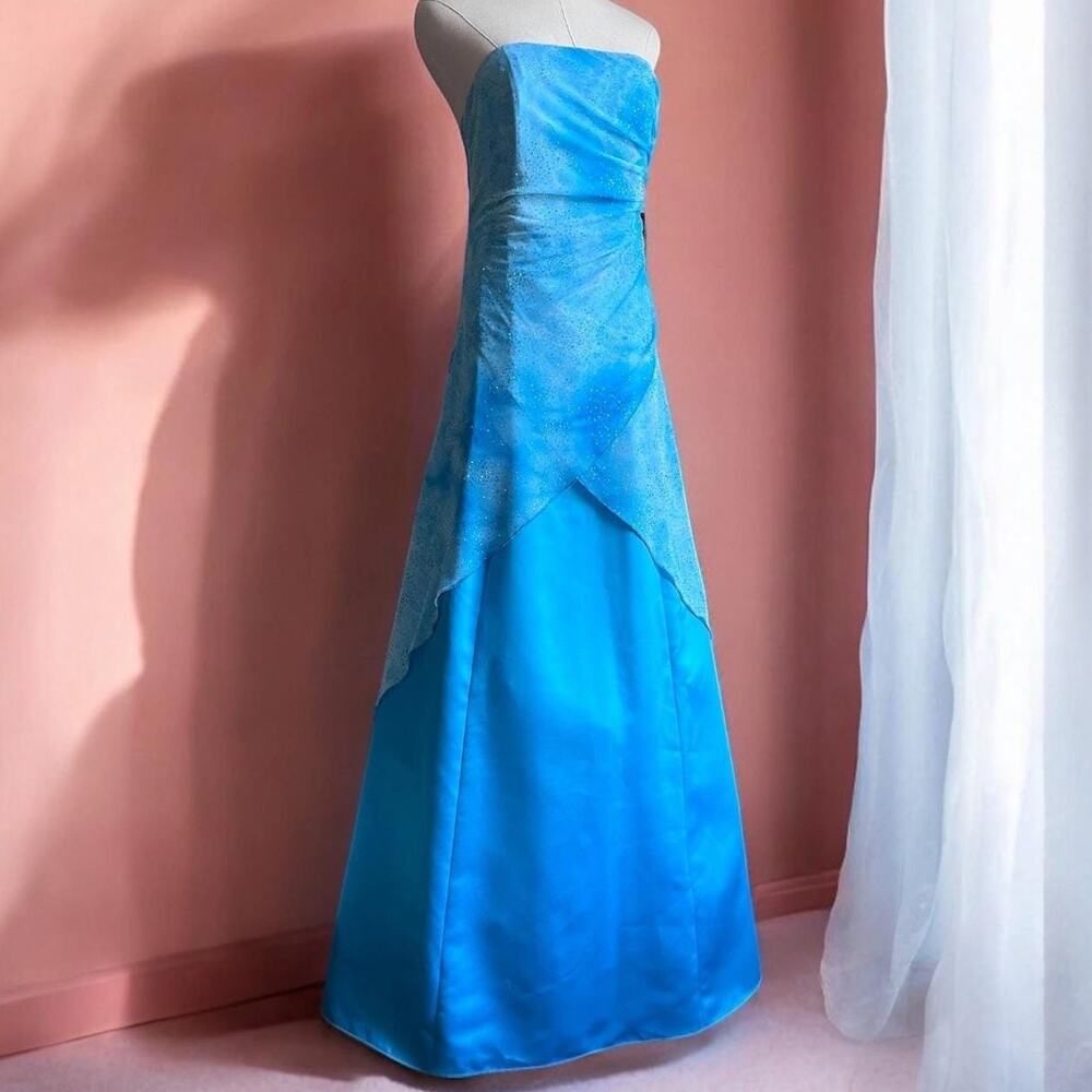 Vintage 90s Strapless Blue Gown | Mesh Overlay Bias Cut Dress | Formal Prom | M